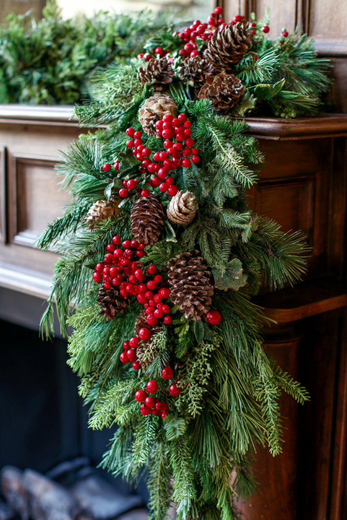 A close-up vertical shot of a lush Christmas garland draped over a dark wood mantel. The garland features mixed evergreen branches, large brown pinecones, and clusters of bright red holly berries, creating a classic and traditional holiday appearance.
