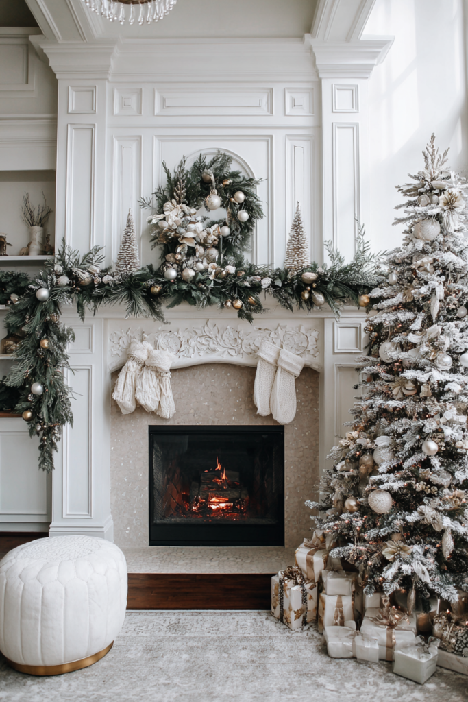 A cozy living room fireplace mantel decorated for Christmas. Features lush green pine garland draped over the edge, brass candlesticks with white taper candles, and knit stockings hanging below. Warm and festive holiday interior design.
